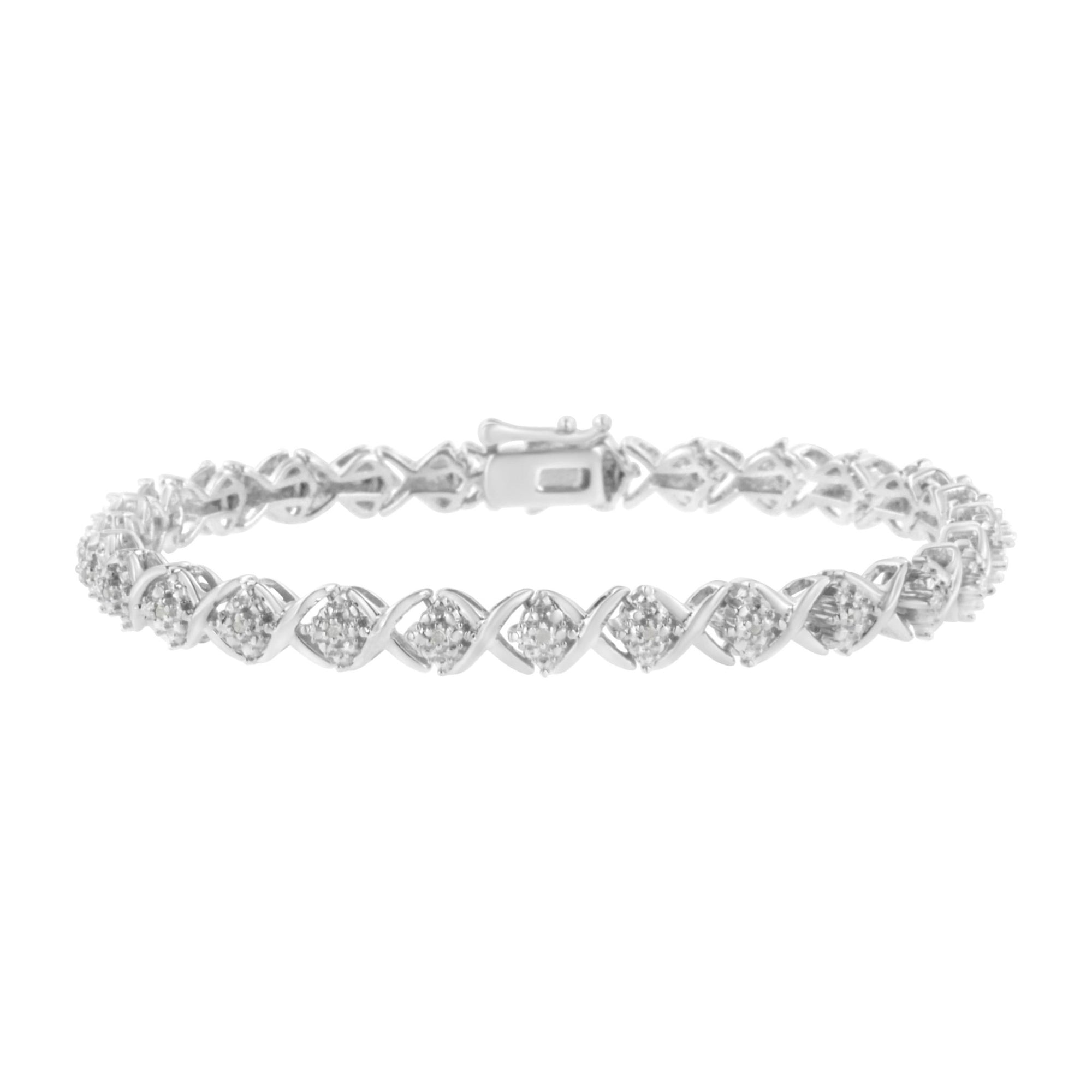 .925 Sterling Silver Round-Cut Diamond Accent Floral Cluster and "X" Link Bracelet (I-J Color, I3 Clarity) - 7.25" - LinkagejewelrydesignLinkagejewelrydesign