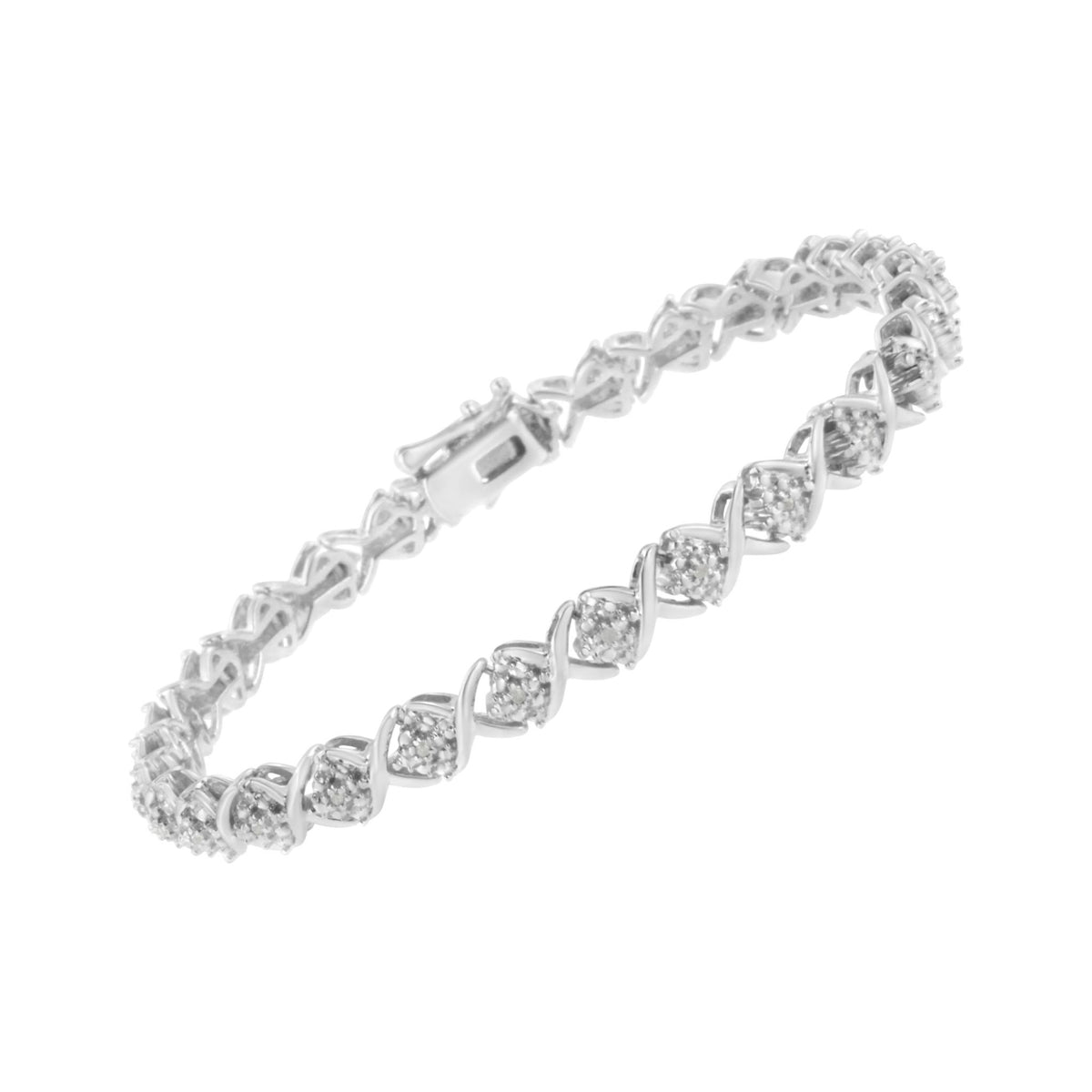 .925 Sterling Silver Round-Cut Diamond Accent Floral Cluster and &quot;X&quot; Link Bracelet (I-J Color, I3 Clarity) - 7.25&quot; - LinkagejewelrydesignLinkagejewelrydesign