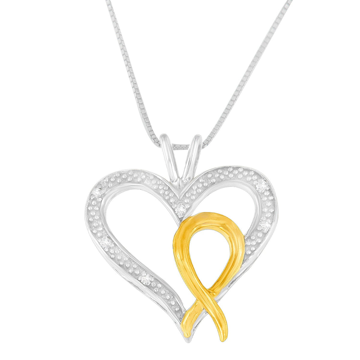 .925 Sterling Silver Two Toned 1/25 cttw Diamond Heart-Ribbon Pendant Necklace (I-J, I2-I3) - LinkagejewelrydesignLinkagejewelrydesign