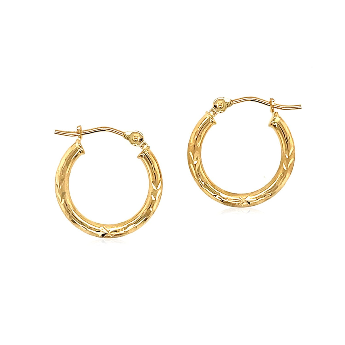 14k Yellow Gold Fancy Diamond Cut Slender Small Hoop Earrings (15mm Diameter)