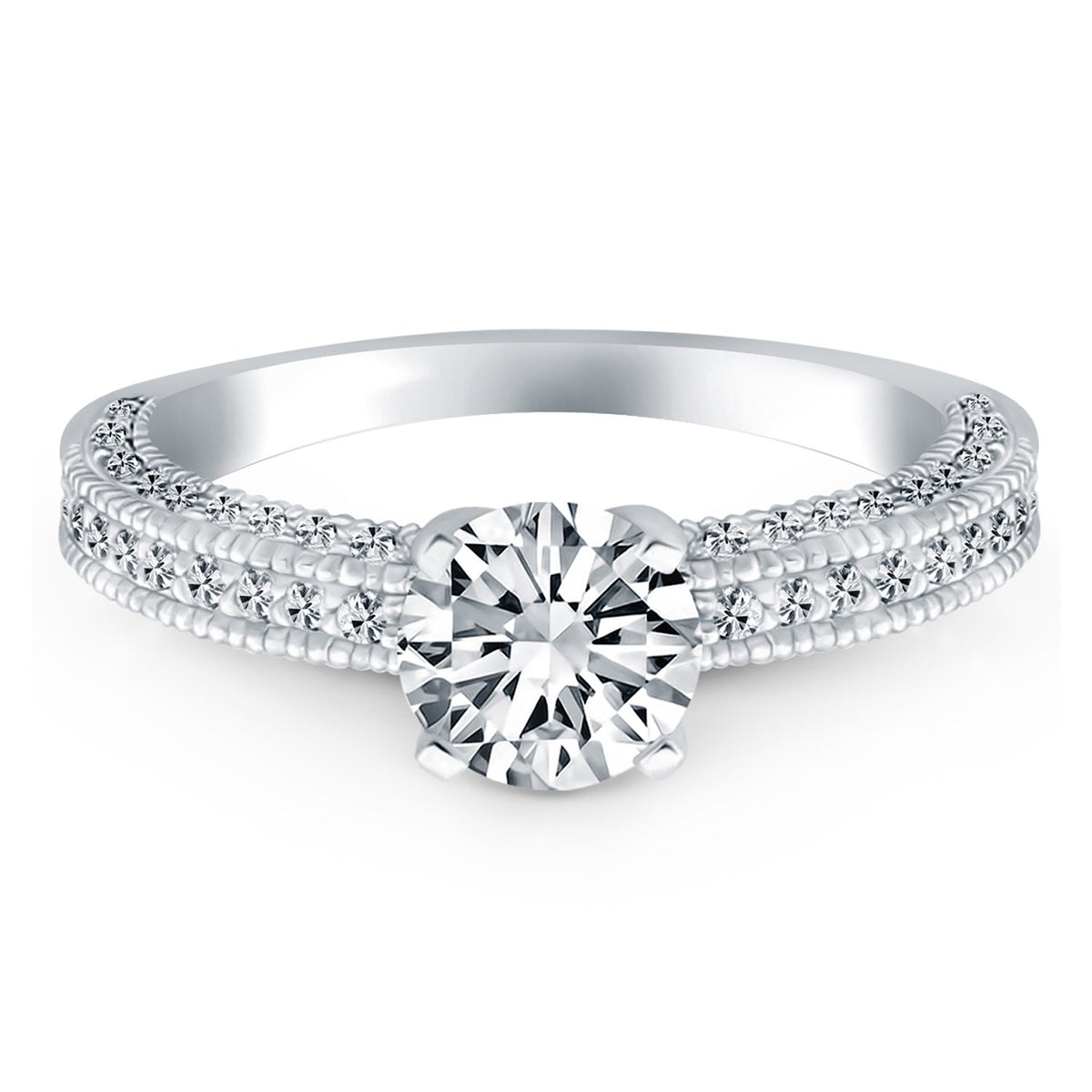 14k White Gold Diamond Micropave Milgrain Engagement Ring