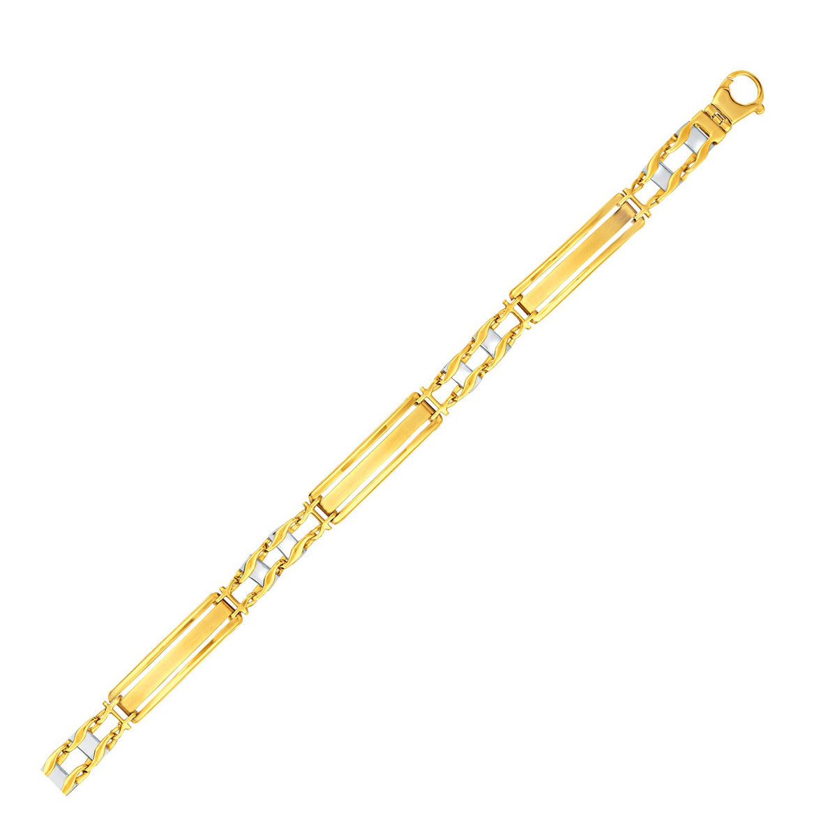 14k Two-Tone Gold Fancy Bar Style Men&#39;s Bracelet with Curved Connectors