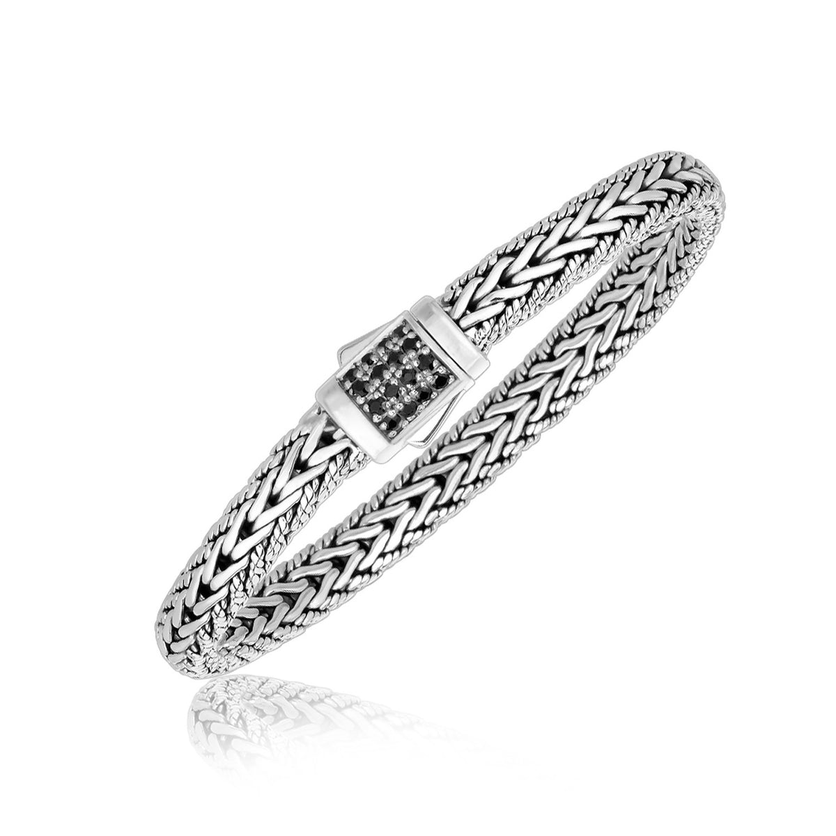 Sterling Silver Braided Style Men&#39;s Bracelet with Black Sapphire Accents