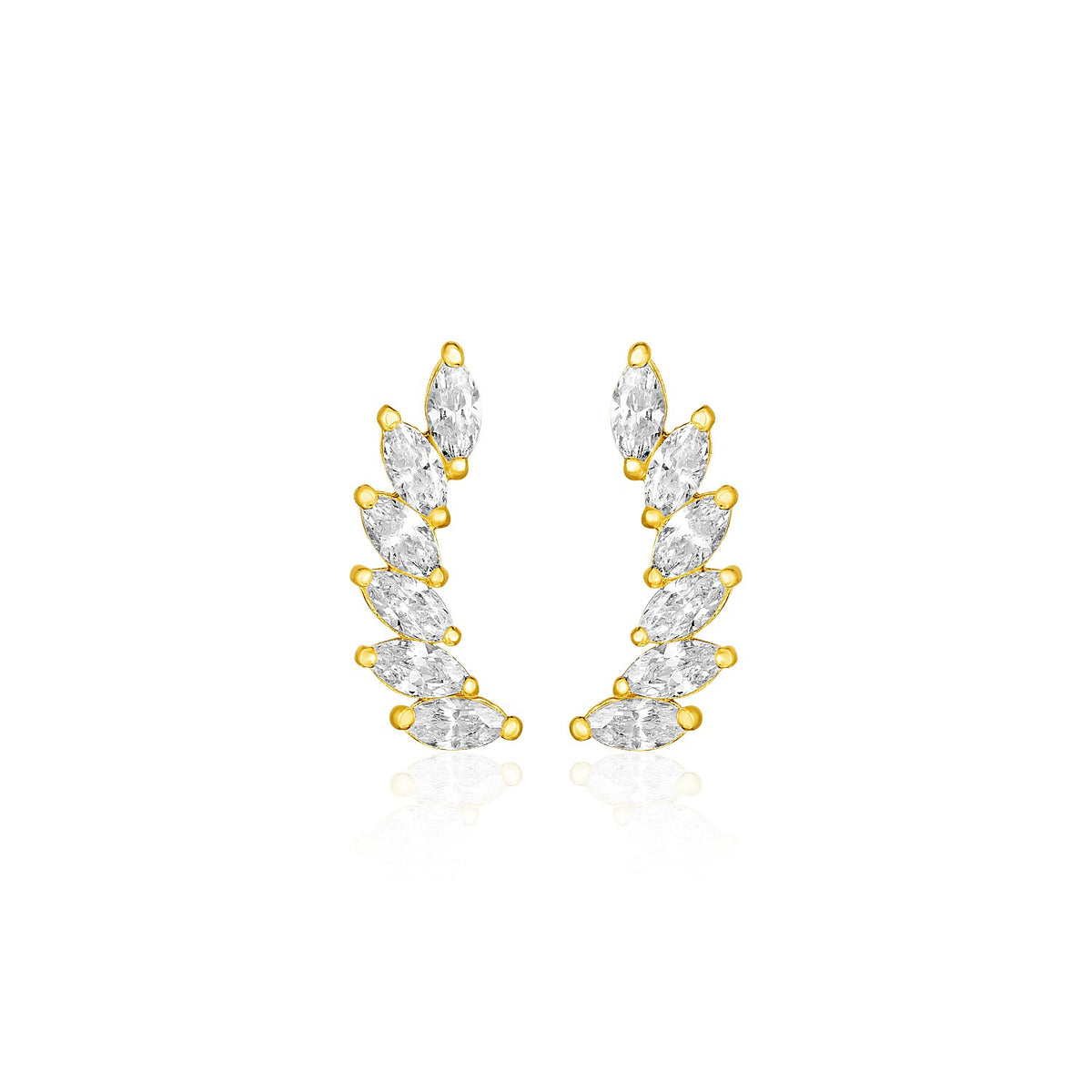 14k Yellow Gold Leaf Motif Climber Post Earrings with Marquise Cubic Zirconias