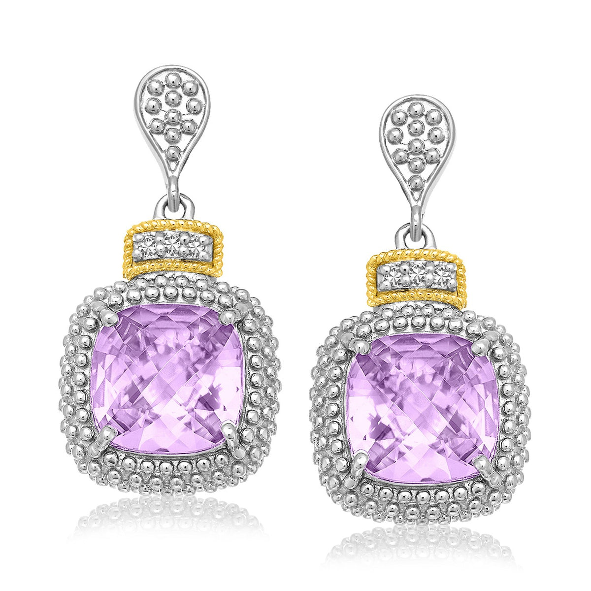 18k Yellow Gold &amp; Sterling Silver Cushion Amethyst &amp; Diamond Earrings (.05cttw)