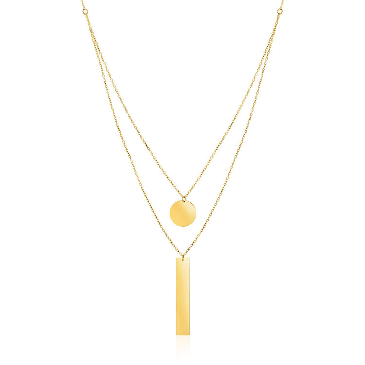 14k Yellow Gold 18 inch Two Strand Necklace with Circle and Bar Pendants