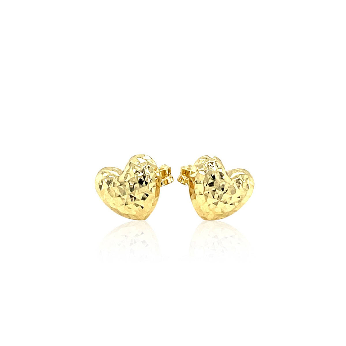 14k Yellow Gold Puffed Heart Earrings with Diamond Cuts