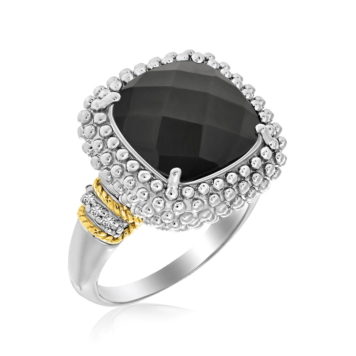 18k Yellow Gold &amp; Sterling Silver Black Onyx and Diamond Popcorn Cushion Ring