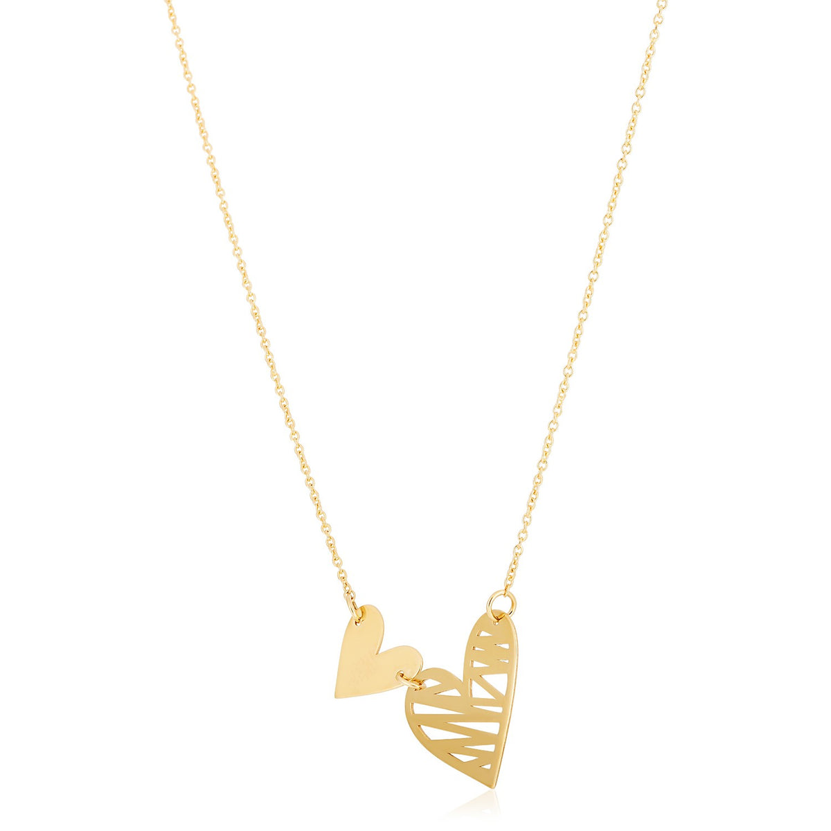 14k Yellow Gold High Polish Solid &amp; Scribble Hearts Necklace