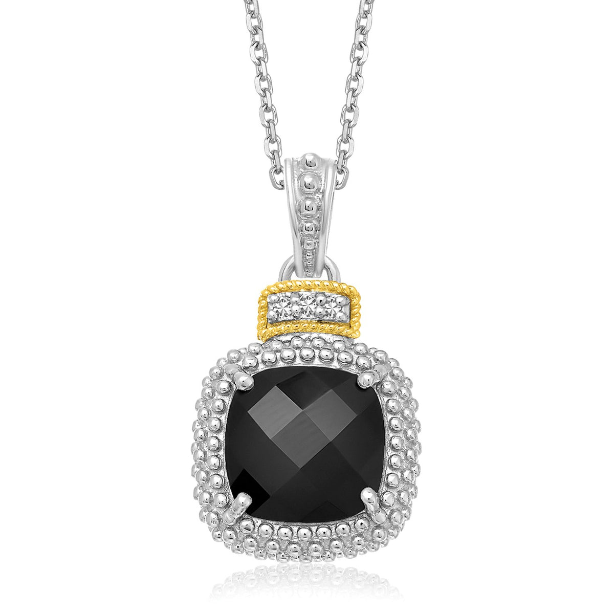 18k Yellow Gold &amp; Sterling Silver Popcorn Cushion Black Onyx and Diamond Pendant