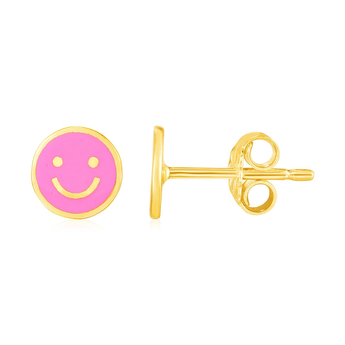 14k Yellow Gold and Enamel Pink Smiley Face Stud Earrings