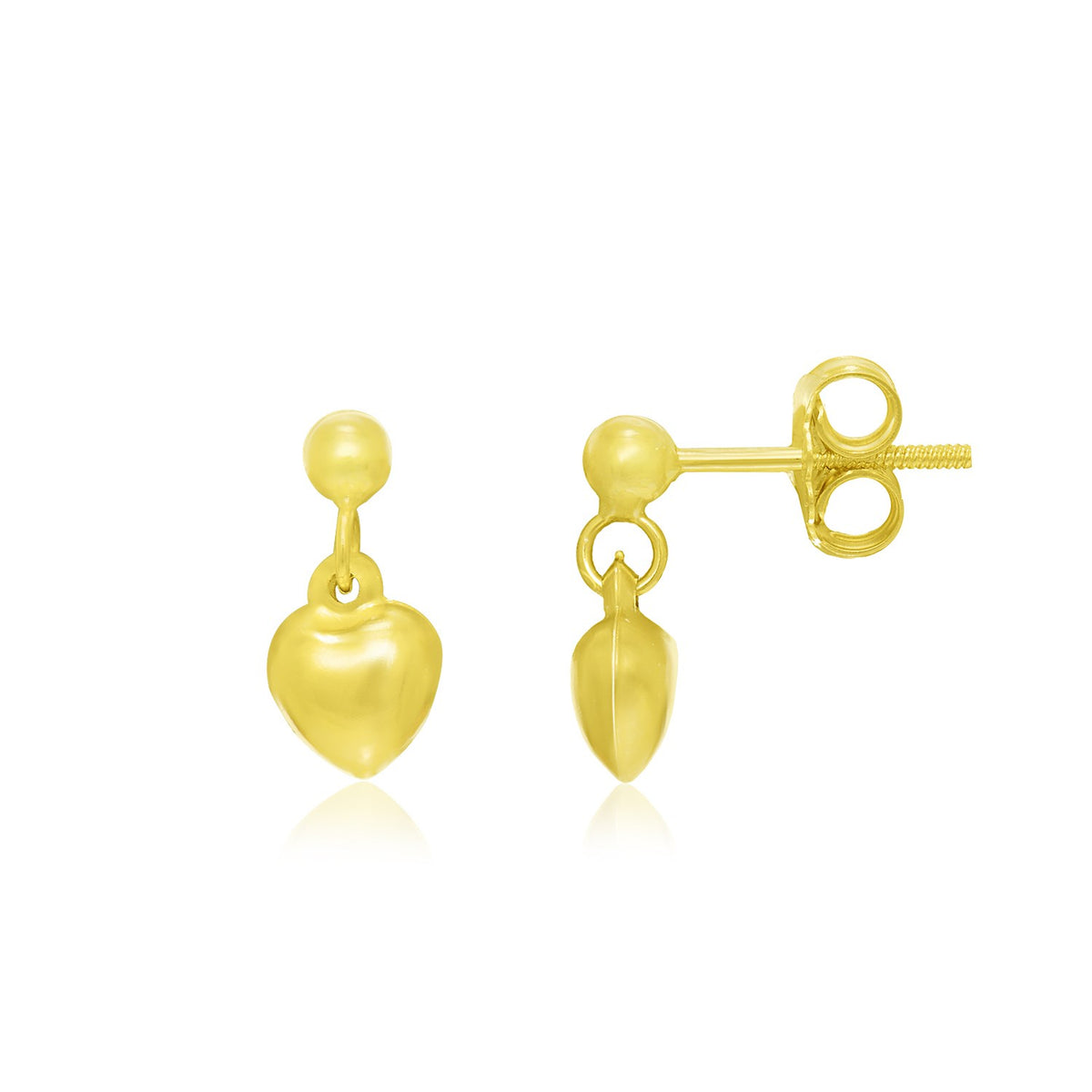 14k Yellow Gold Puffed Heart Children&#39;s Dangling Earrings