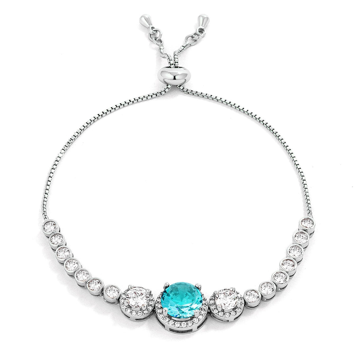 Adjustable Rhodium Plated Graduated Aqua CZ Bolo Style Tennis Bracelet - LinkagejewelrydesignLinkagejewelrydesign