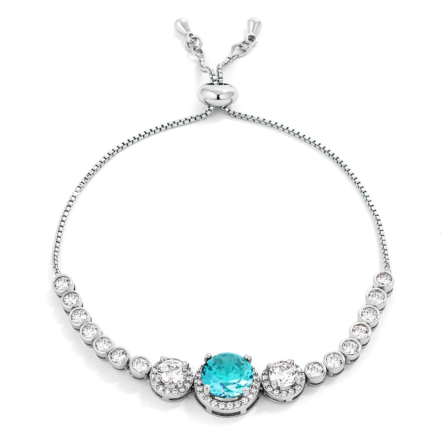 Adjustable Rhodium Plated Graduated Aqua CZ Bolo Style Tennis Bracelet - LinkagejewelrydesignLinkagejewelrydesign