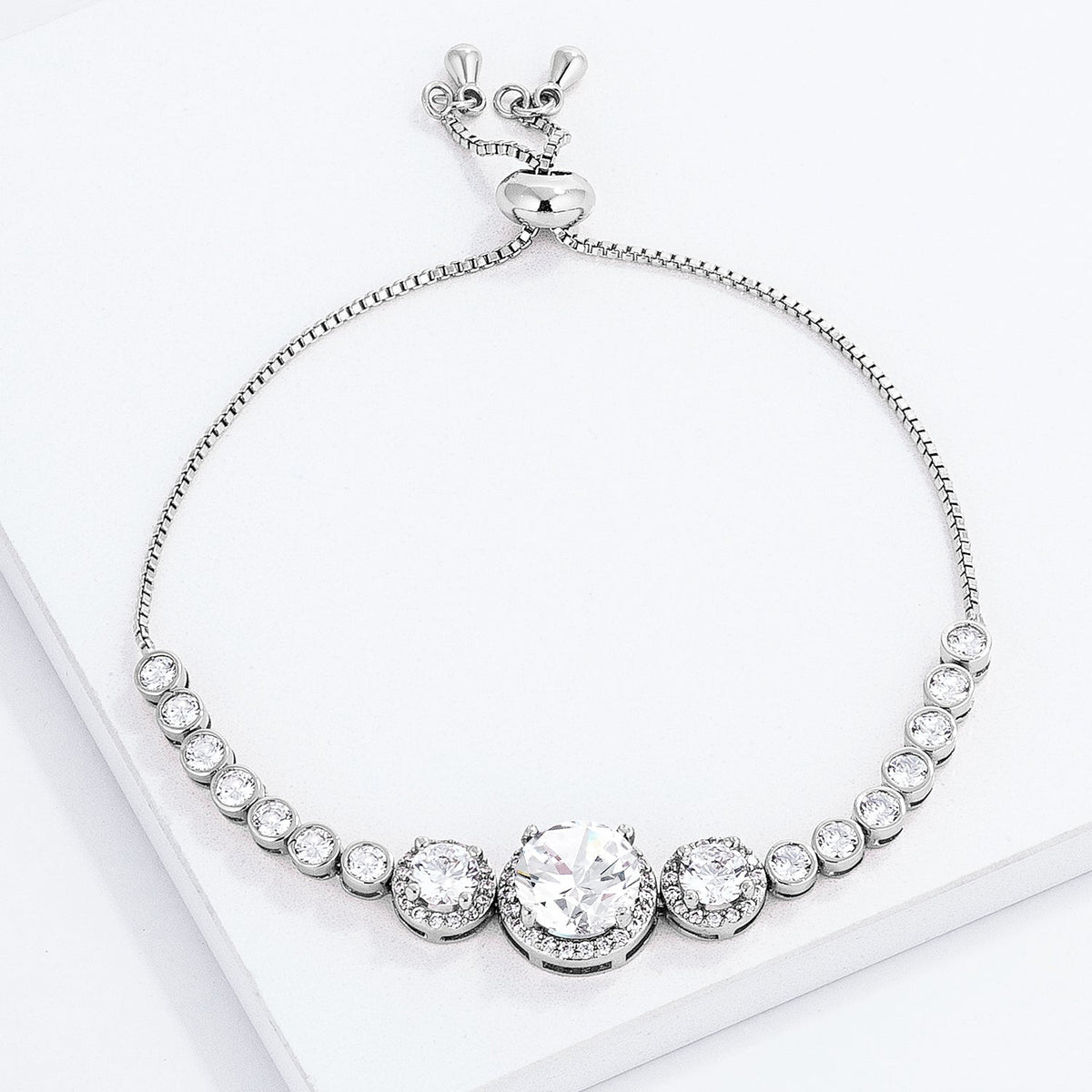 Adjustable Rhodium Plated Graduated Clear CZ Bolo Style Tennis Bracelet - LinkagejewelrydesignLinkagejewelrydesign