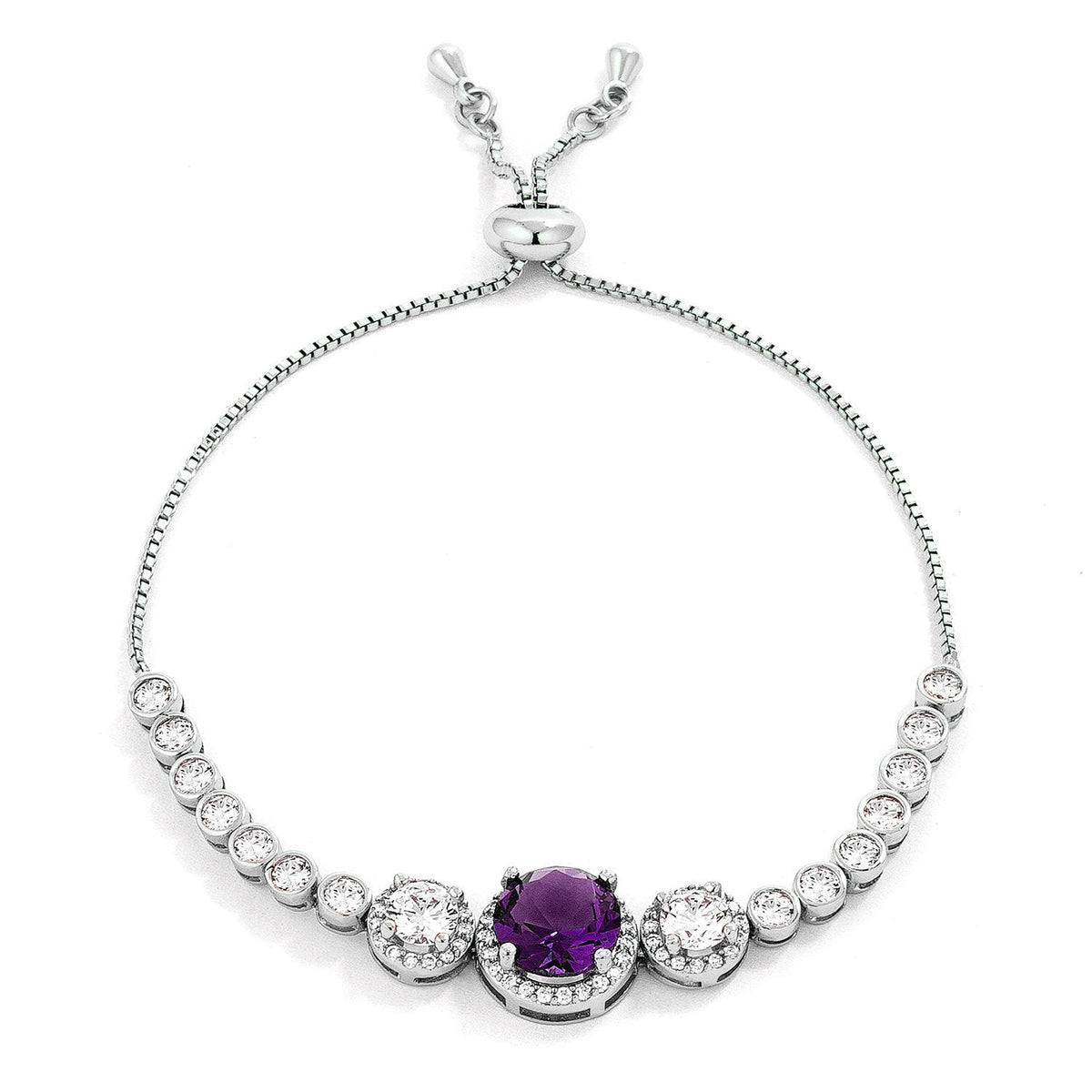 Adjustable Rhodium Plated Graduated Purple &amp; Clear CZ Bolo Style Tennis Bracelet - LinkagejewelrydesignLinkagejewelrydesign