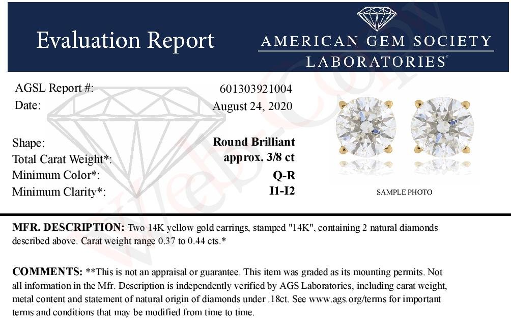 AGS Certified 0.40 Cttw Round Brilliant-Cut Diamond 14K Yellow Gold Classic 4-Prong Solitaire Stud Earrings (L-M Color, I1-I2 Clarity) - LinkagejewelrydesignLinkagejewelrydesign