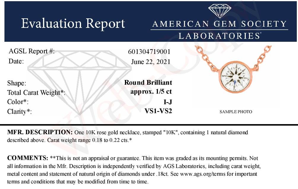 AGS Certified 10K Rose Gold 1/5 Cttw Bezel Set Round Diamond Solitaire 16-18&quot; Adjustable Pendant Necklace (I-J Color, VS1-VS2 Clarity) - LinkagejewelrydesignLinkagejewelrydesign