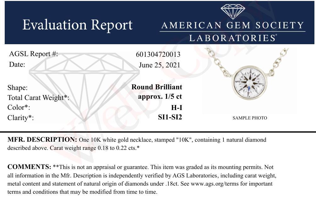 AGS Certified 10K White Gold 1/5 Cttw Bezel Set Round Diamond Solitaire 16-18&quot; Adjustable Pendant Necklace (H-I Color, SI1-SI2 Clarity) - LinkagejewelrydesignLinkagejewelrydesign