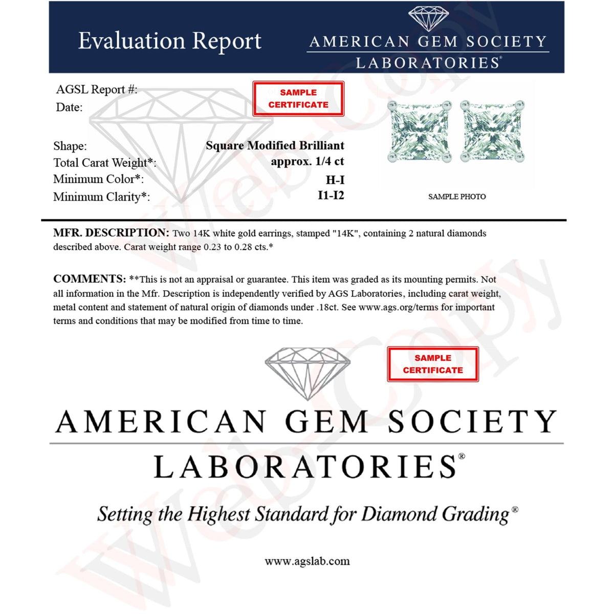 AGS Certified 1/4 Cttw Princess-Cut Square Diamond 4-Prong Solitaire Stud Earrings in 14K White Gold (H-I Color, I1-I2 Clarity) - LinkagejewelrydesignLinkagejewelrydesign