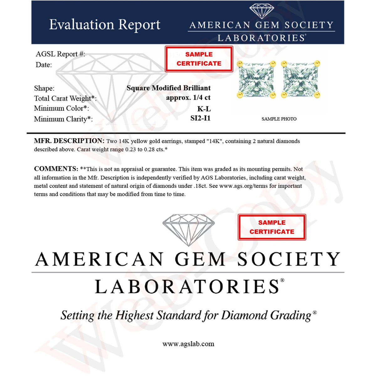 AGS Certified 1/4 Cttw Princess-Cut Square Diamond 4-Prong Solitaire Stud Earrings in 14K Yellow Gold (K-L Color, SI2-I1 Clarity) - LinkagejewelrydesignLinkagejewelrydesign