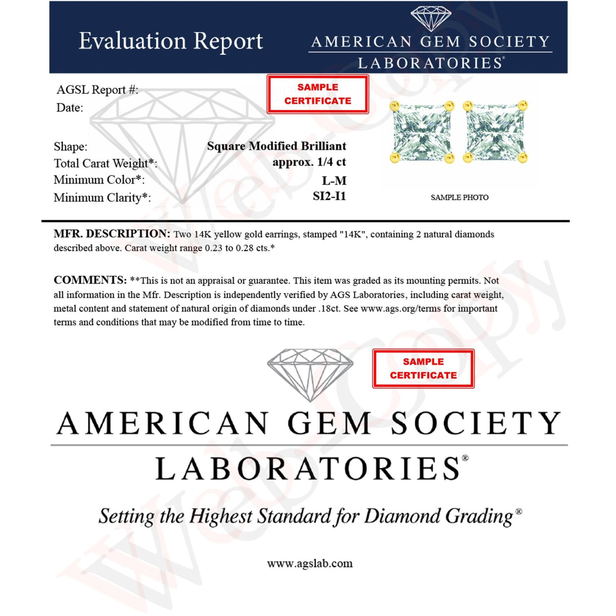 AGS Certified 1/4 Cttw Princess-Cut Square Diamond 4-Prong Solitaire Stud Earrings in 14K Yellow Gold (L-M Color, I1-I2 Clarity) - LinkagejewelrydesignLinkagejewelrydesign