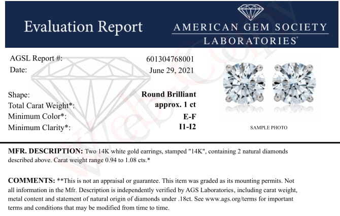 AGS Certified 14K White Gold 1.0 Cttw 4-Prong Set Brilliant Round-Cut Solitaire Diamond Push Back Stud Earrings (E-F Color, I1-I2 Clarity) - LinkagejewelrydesignLinkagejewelrydesign