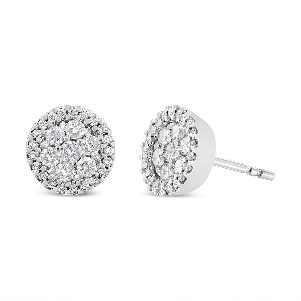 AGS Certified 14K White Gold 1.0 Cttw Brilliant-Cut Diamond Halo-Style Cluster Round Button Stud Earrings (G-H Color, I1-I2 Clarity) - LinkagejewelrydesignLinkagejewelrydesign
