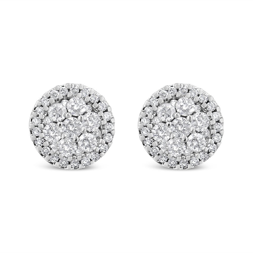 AGS Certified 14K White Gold 1.0 Cttw Brilliant-Cut Diamond Halo-Style Cluster Round Button Stud Earrings (G-H Color, I1-I2 Clarity) - LinkagejewelrydesignLinkagejewelrydesign