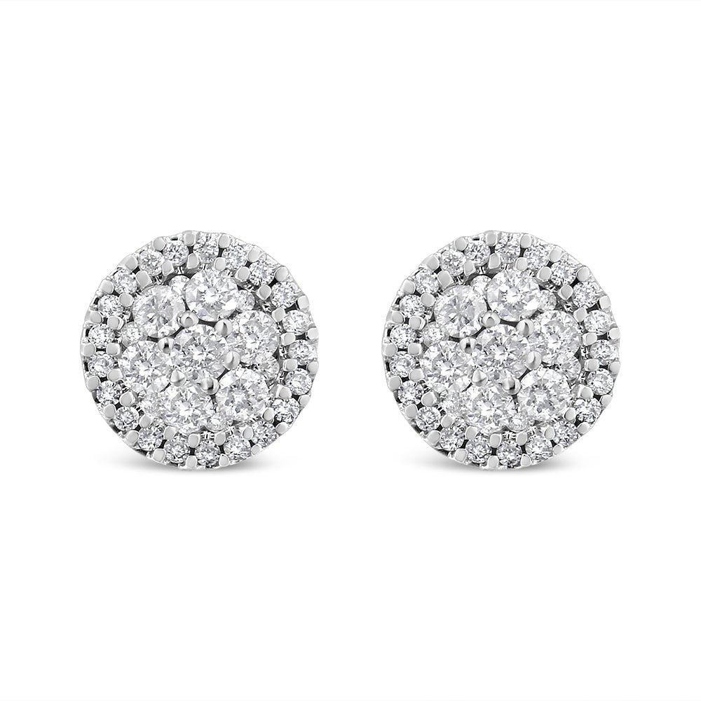 AGS Certified 14K White Gold 1.0 Cttw Brilliant-Cut Diamond Halo-Style Cluster Round Button Stud Earrings (G-H Color, I1-I2 Clarity) - LinkagejewelrydesignLinkagejewelrydesign