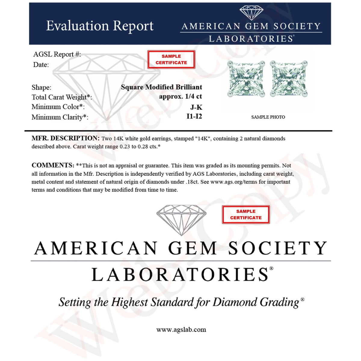 AGS Certified 14k White Gold 1/4 cttw 4-Prong Set Princess-Cut Solitaire Diamond Push Back Stud Earrings (J-K Color, I1-I2 Clarity) - LinkagejewelrydesignLinkagejewelrydesign