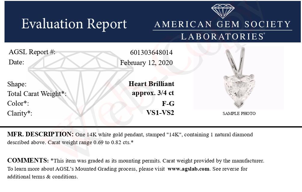 AGS Certified 14K White Gold 3/4 cttw 3-Prong Set Heart Shaped Solitaire Diamond 18&quot; Pendant Necklace (F-G Color, VS1-VS2 Clarity) - LinkagejewelrydesignLinkagejewelrydesign