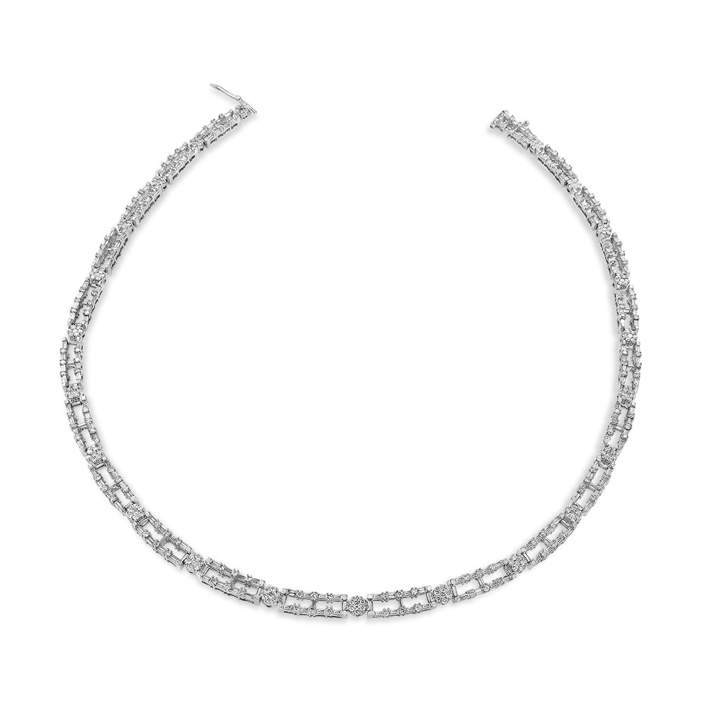 AGS Certified 14K White Gold 8 1/2 Cttw Diamond Alternating Bar and Floral Cluster Link 18" Choker Necklace (G-H Color, SI2-I1 Clarity) - LinkagejewelrydesignLinkagejewelrydesign