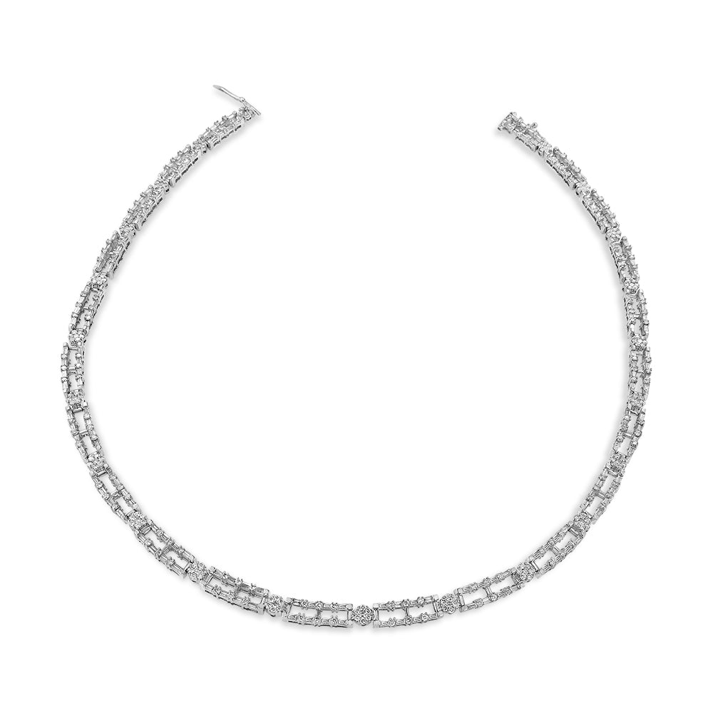 AGS Certified 14K White Gold 8 1/2 Cttw Diamond Alternating Bar and Floral Cluster Link 18" Choker Necklace (G-H Color, SI2-I1 Clarity) - LinkagejewelrydesignLinkagejewelrydesign