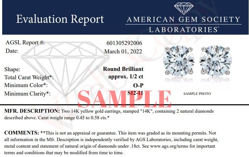 AGS Certified 14K Yellow Gold 1/2 Cttw 4 Prong Set Brilliant Round-Cut Solitaire Diamond Push Back Stud Earrings (O-P, Color, SI2-I1 Clarity) - LinkagejewelrydesignLinkagejewelrydesign