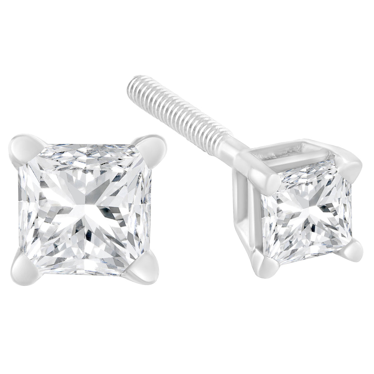 AGS Certified 18K White Gold 1.0 Cttw 4-Prong Set Princess-Cut Solitaire Diamond Screw Back Stud Earrings (E-F Color, SI2-I1 Clarity) - LinkagejewelrydesignLinkagejewelrydesign