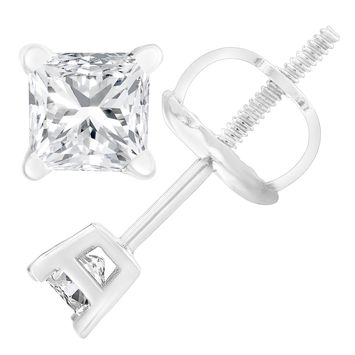 AGS Certified 18K White Gold 1.0 Cttw 4-Prong Set Princess-Cut Solitaire Diamond Screw Back Stud Earrings (E-F Color, SI2-I1 Clarity) - LinkagejewelrydesignLinkagejewelrydesign