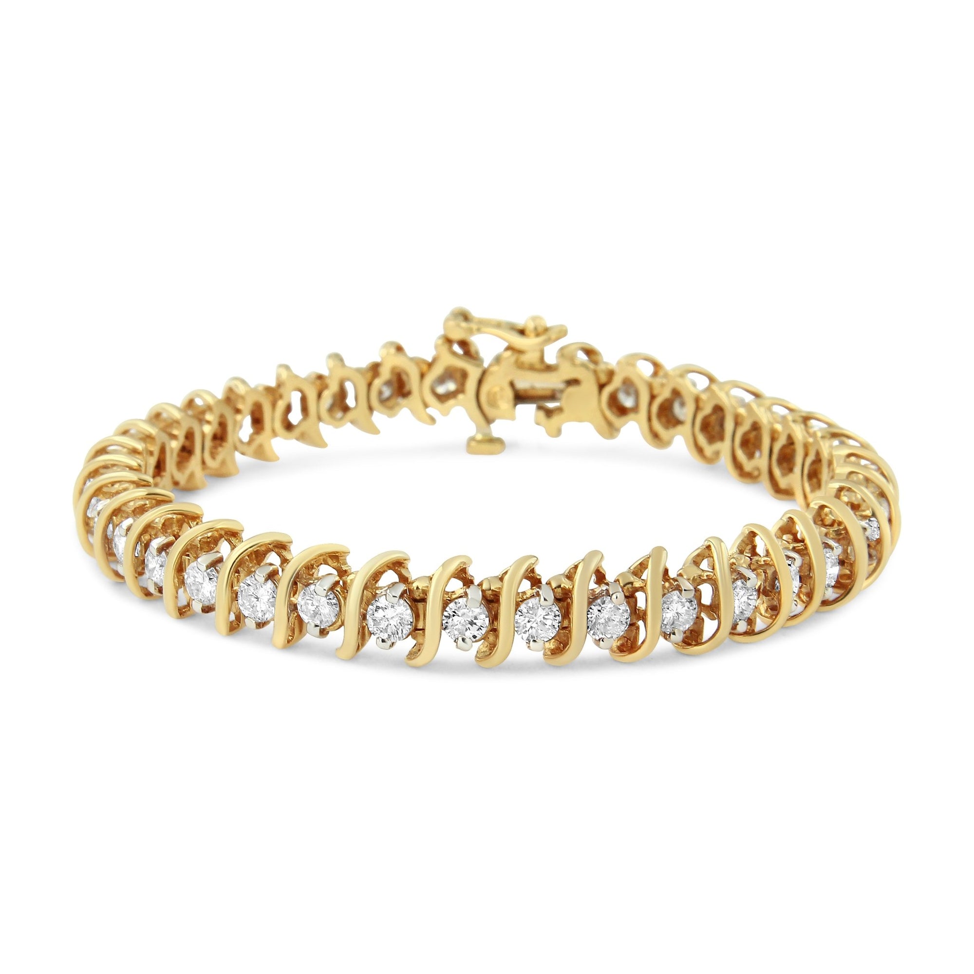 AGS Certified 18K Yellow Gold 5.00 Cttw "S" Link Wrapped 2-Prong Set Round Brilliant Diamond Tennis Bracelet (G-H Color, I1-I2 Clarity) - Size 7 - LinkagejewelrydesignLinkagejewelrydesign