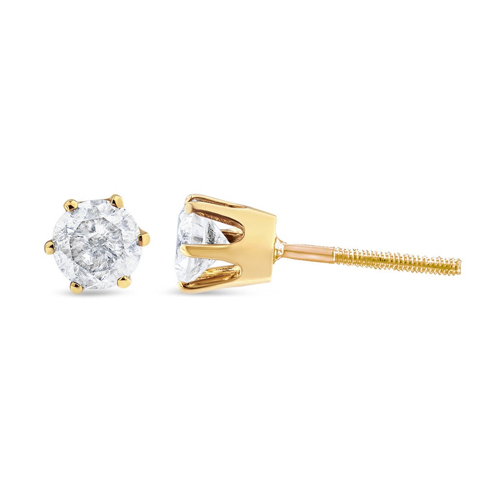 AGS Certified 2.00 Cttw Round Brilliant-Cut Diamond 14K Yellow Gold 6-Prong-Set Solitaire Stud Earrings with Screw Backs (J-K Color, I1-I2 Clarity) - LinkagejewelrydesignLinkagejewelrydesign