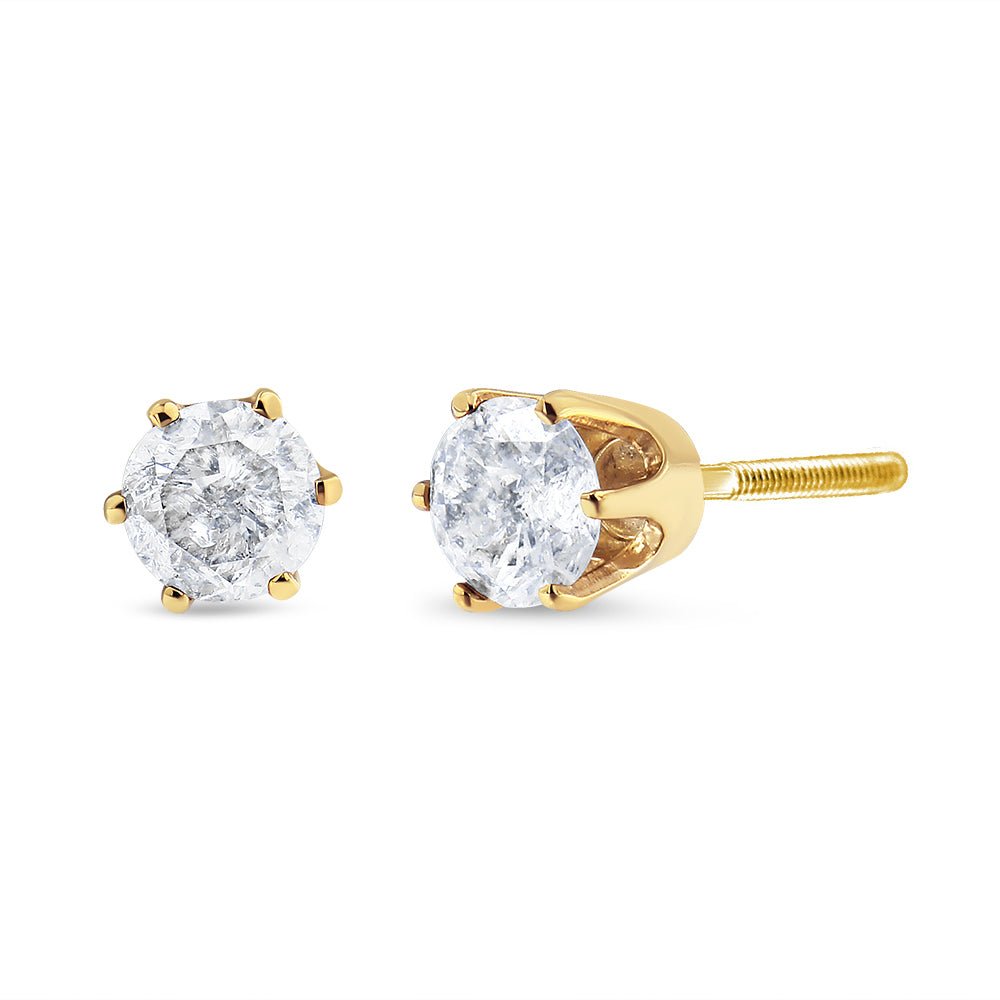 AGS Certified 2.00 Cttw Round Brilliant-Cut Diamond 14K Yellow Gold 6-Prong-Set Solitaire Stud Earrings with Screw Backs (J-K Color, I1-I2 Clarity) - LinkagejewelrydesignLinkagejewelrydesign