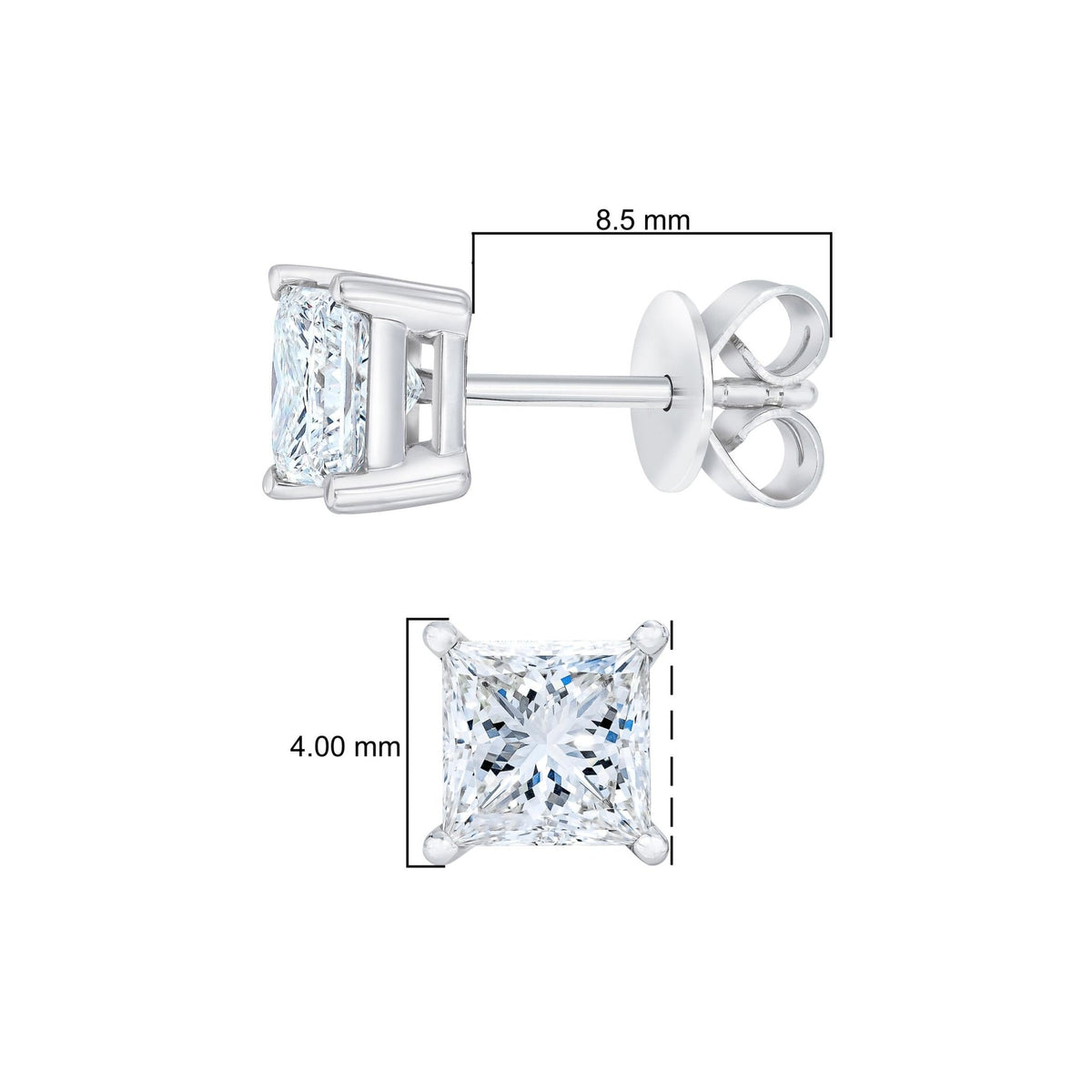 AGS Certified 2/5 Cttw Princess Cut Diamond 14K White Gold 4-Prong Solitaire Square Stud Earrings (L-M Color, I1-I2 Clarity) - LinkagejewelrydesignLinkagejewelrydesign