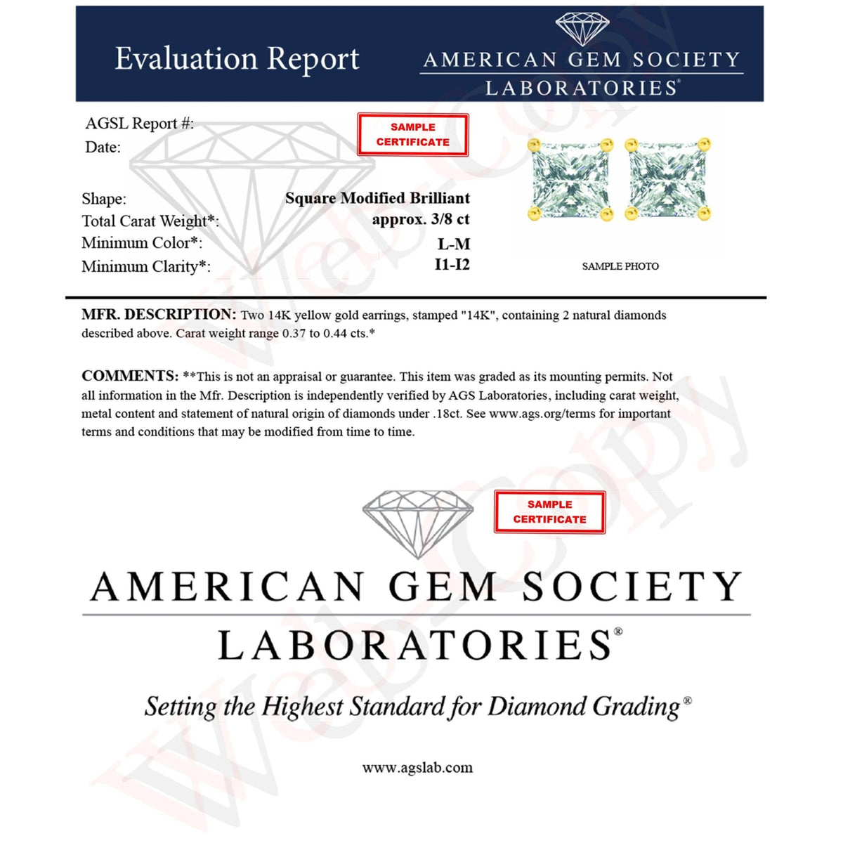 AGS Certified 3/8 Cttw Princess-Cut Square Diamond 4-Prong Solitaire Stud Earrings in 14K Yellow Gold (L-M Color, I1-I2 Clarity) - LinkagejewelrydesignLinkagejewelrydesign