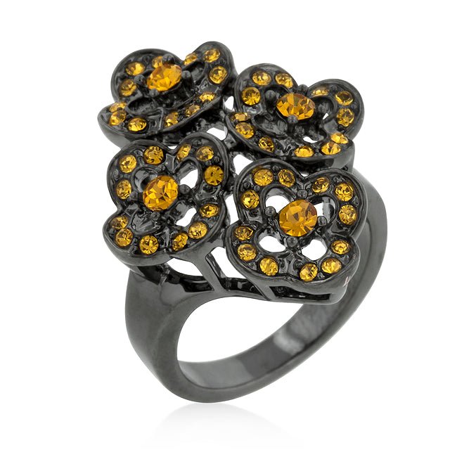 Black Mystique Yellow Crystal Floral Ring - LinkagejewelrydesignLinkagejewelrydesign