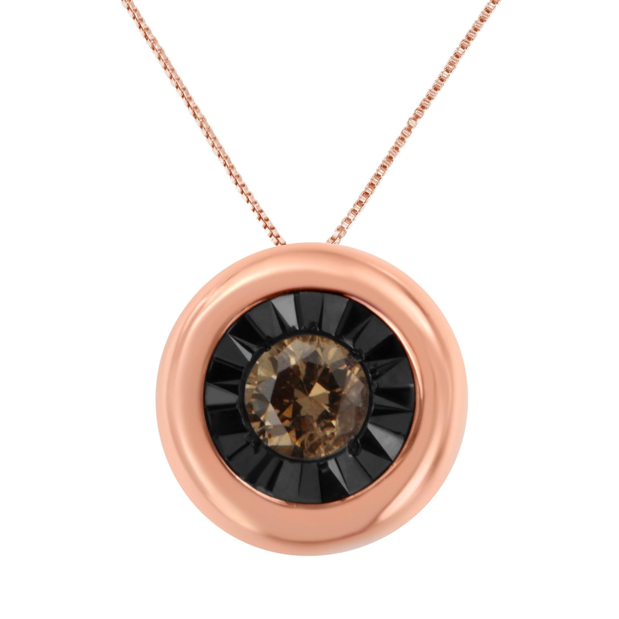 Black Rhodium over 10K Rose Gold 1/10 Carat Diamond Two Tone Round Miracle-Plate Solitaire 18” Pendant Necklace (Champagne Color, I2-I3 Clarity) - LinkagejewelrydesignLinkagejewelrydesign