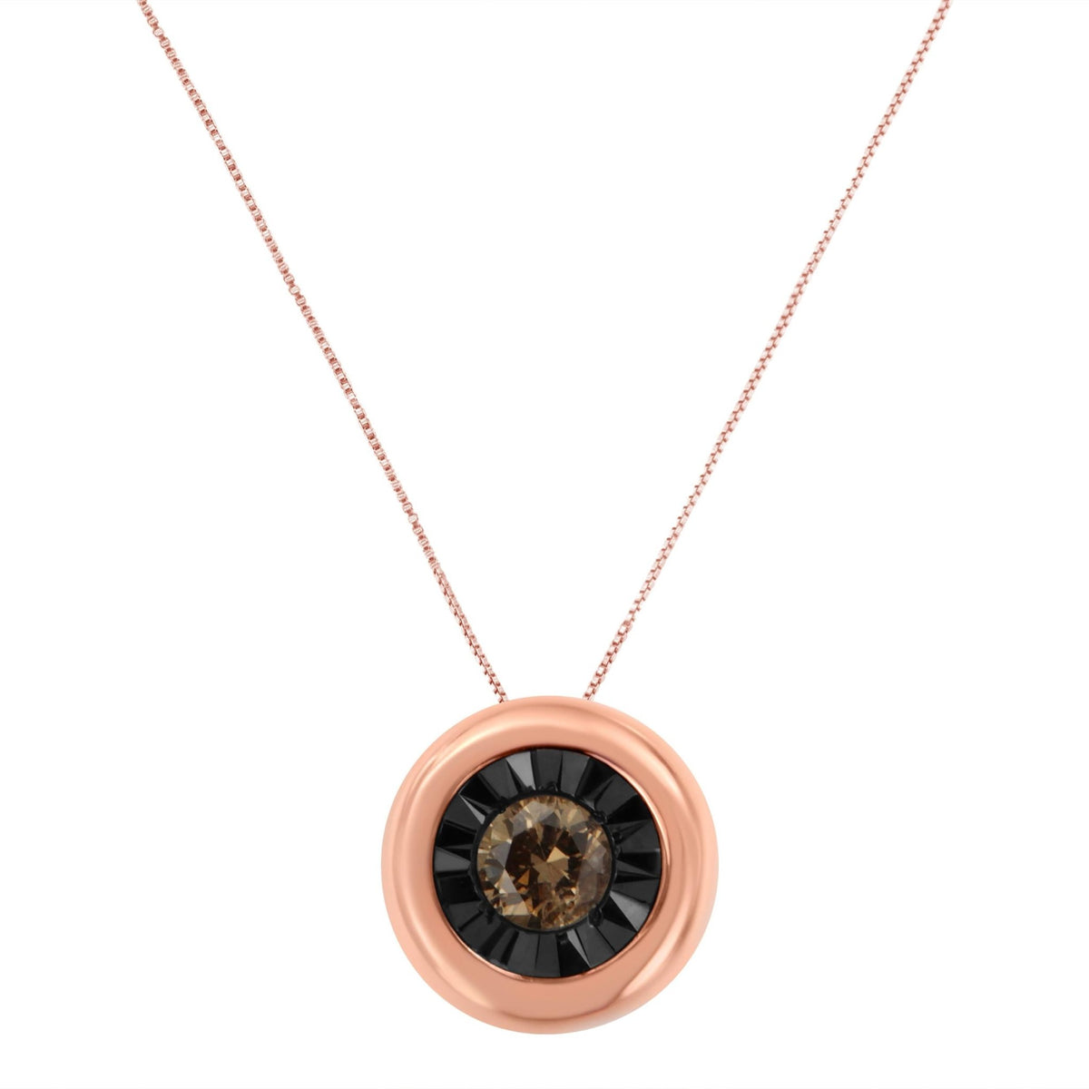 Black Rhodium over 10K Rose Gold 1/10 Carat Diamond Two Tone Round Miracle-Plate Solitaire 18” Pendant Necklace (Champagne Color, I2-I3 Clarity) - LinkagejewelrydesignLinkagejewelrydesign