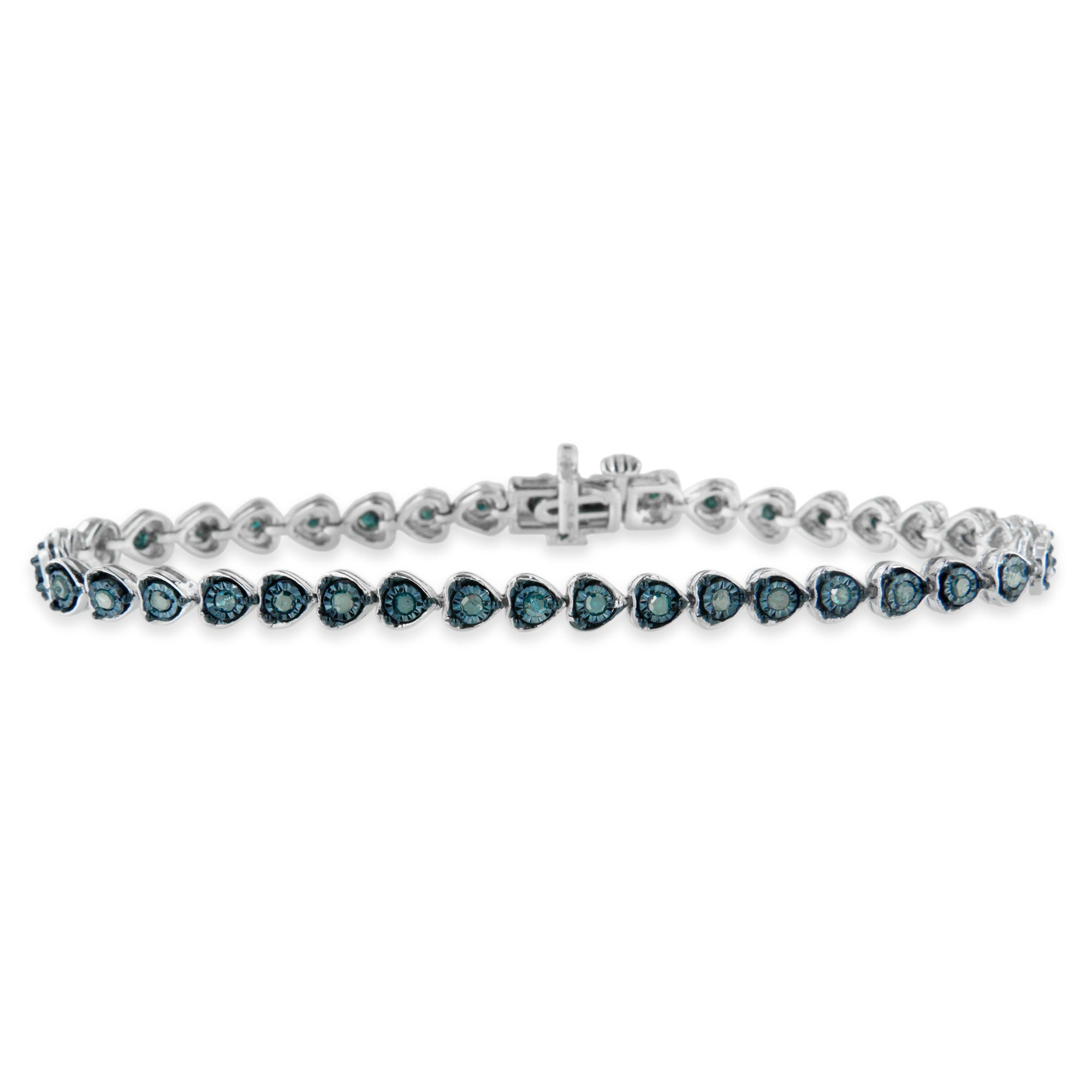 Black Rhodium over .925 Sterling Silver 1.0 Cttw Miracle Set Diamond Heart-Link 7" Tennis Bracelet (Blue Color, I2-I3 Clarity) - LinkagejewelrydesignLinkagejewelrydesign