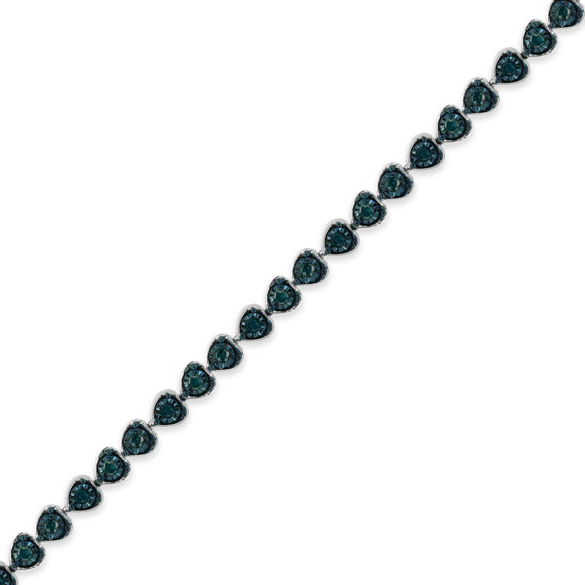 Black Rhodium over .925 Sterling Silver 1.0 Cttw Miracle Set Diamond Heart-Link 7&quot; Tennis Bracelet (Blue Color, I2-I3 Clarity) - LinkagejewelrydesignLinkagejewelrydesign