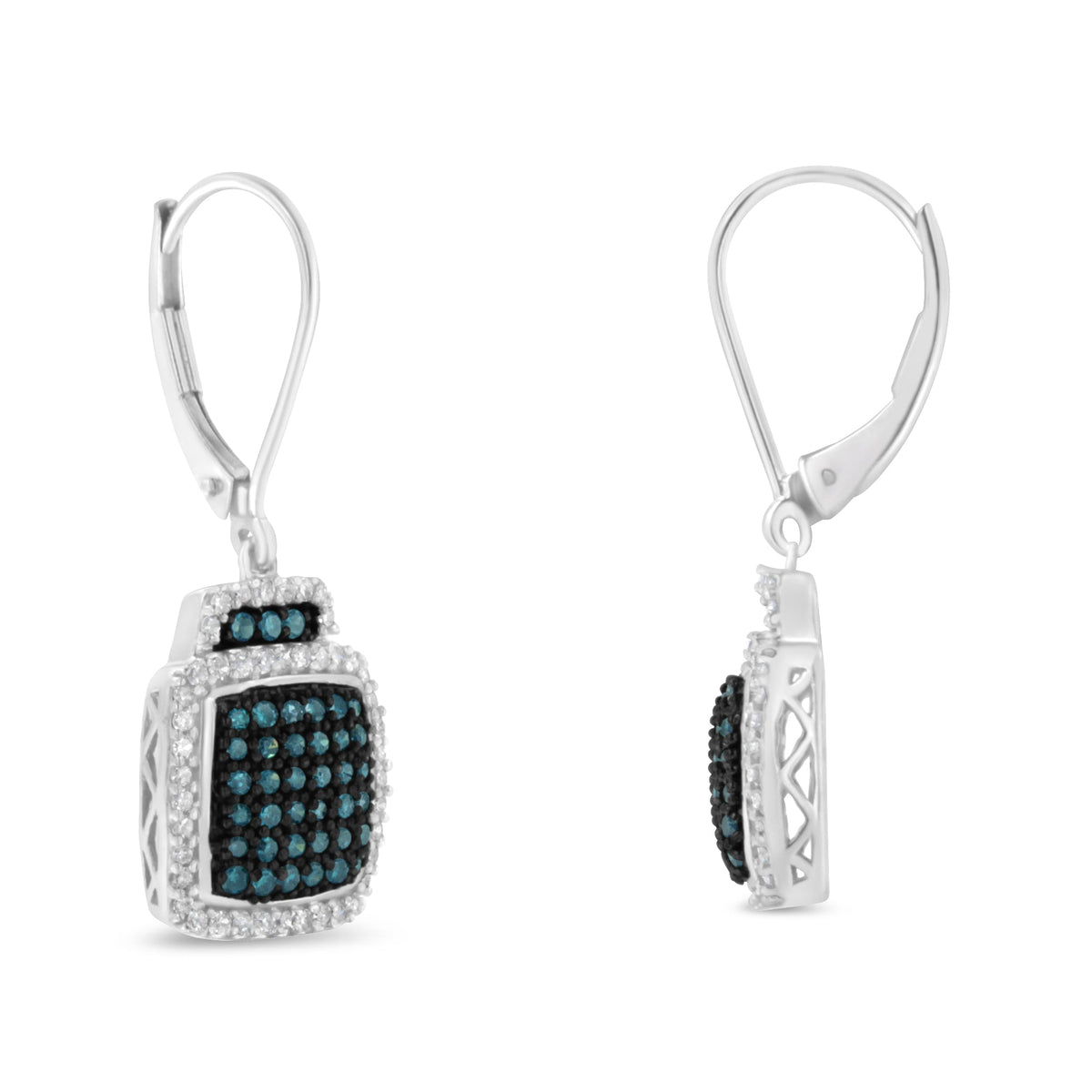 Black Rhodium over .925 Sterling Silver ¾ Cttw Blue and White Diamond Cushion Shaped Dangle Earrings (Enhanced Blue &amp; I-J Color, I2-I3 Clarity) - LinkagejewelrydesignLinkagejewelrydesign