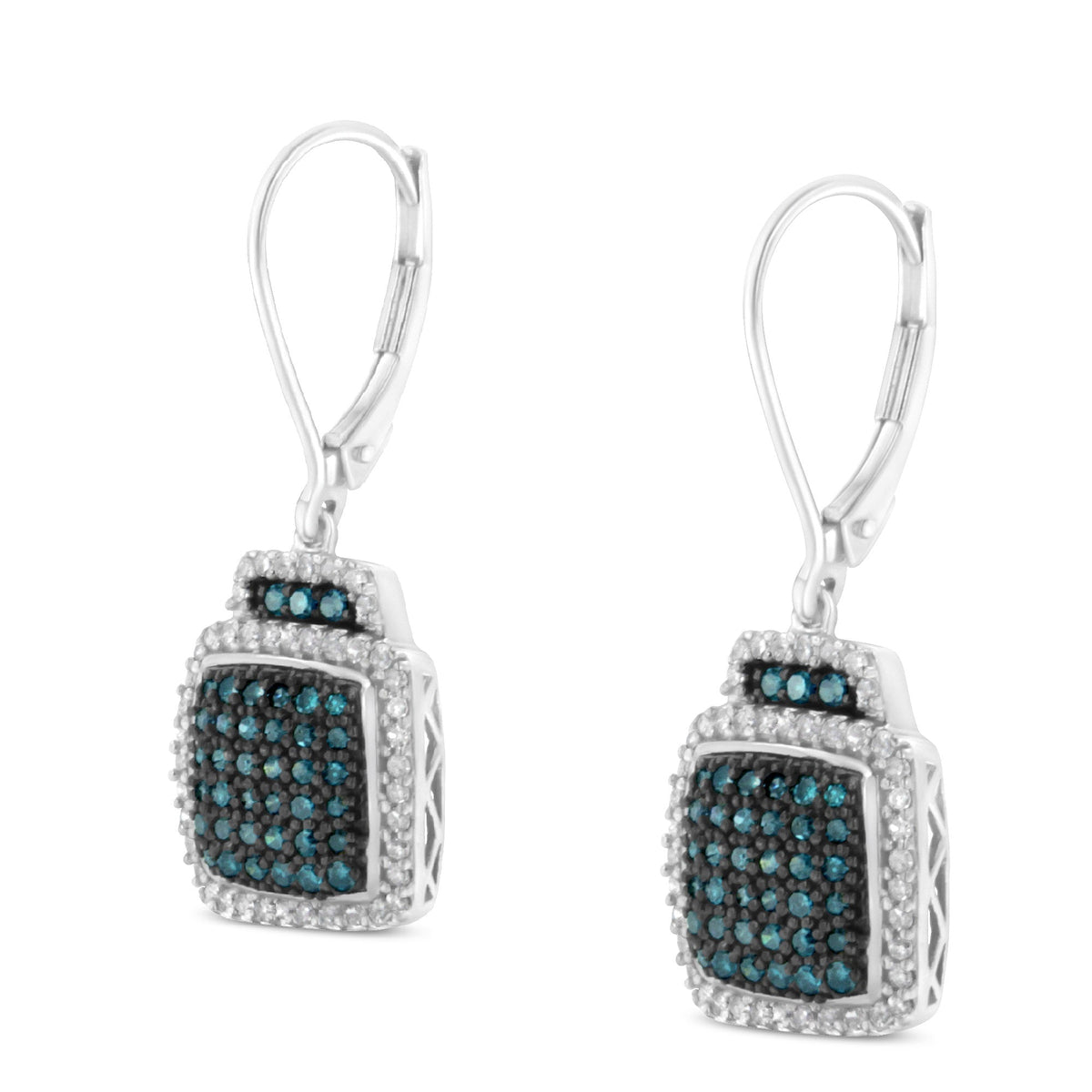 Black Rhodium over .925 Sterling Silver ¾ Cttw Blue and White Diamond Cushion Shaped Dangle Earrings (Enhanced Blue &amp; I-J Color, I2-I3 Clarity) - LinkagejewelrydesignLinkagejewelrydesign