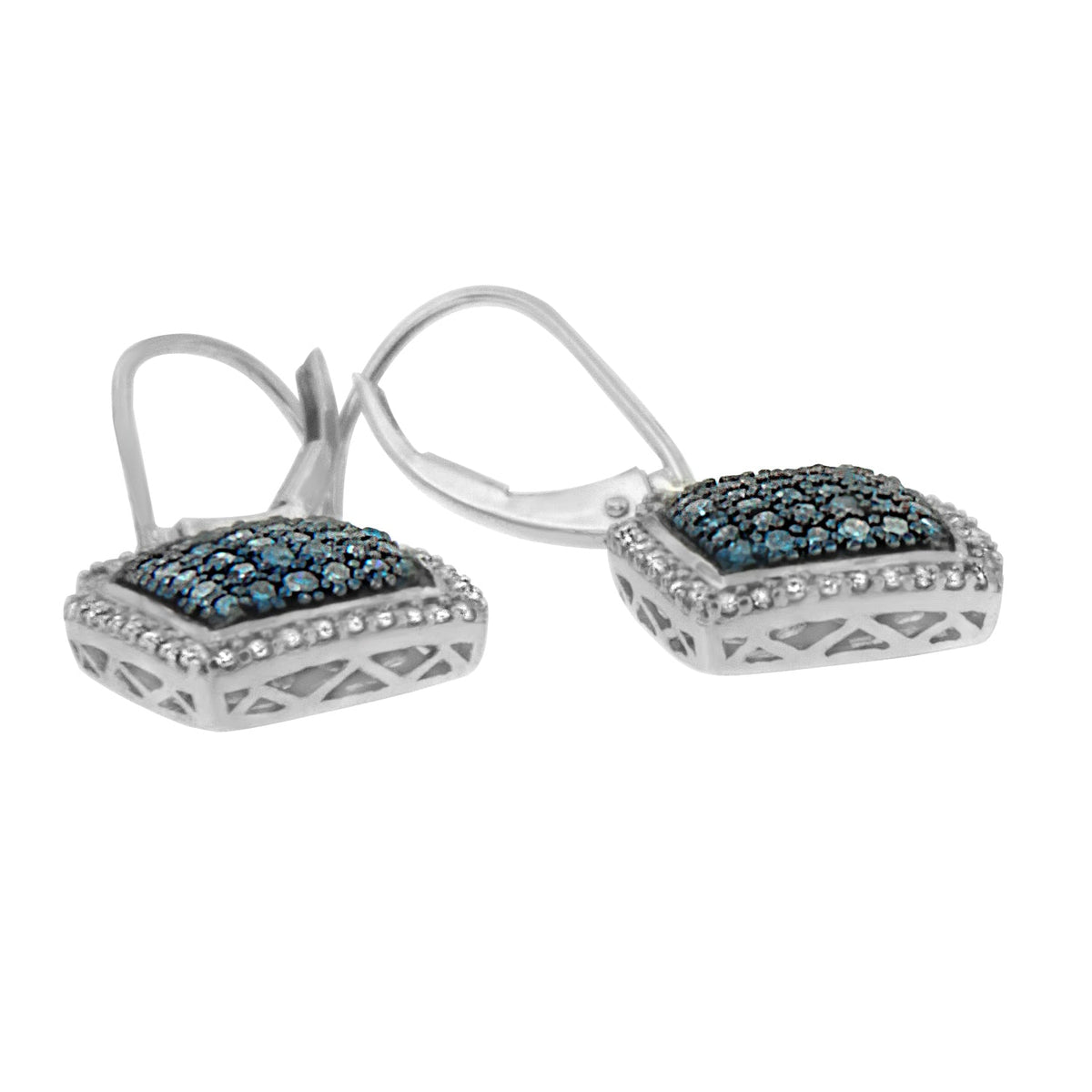 Black Rhodium over .925 Sterling Silver ¾ Cttw Blue and White Diamond Cushion Shaped Dangle Earrings (Enhanced Blue &amp; I-J Color, I2-I3 Clarity) - LinkagejewelrydesignLinkagejewelrydesign